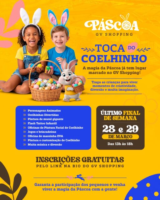 🐰✨ A magia da Páscoa já tem lugar marcado no GV Shopping!A Toca do Coelhinho foi preparada para encantar os pequenos com momentos especiais, muita criatividade e diversão. Um convite para viver a Páscoa de um jeito ainda mais doce.Garanta a participação e inscreva-se! 💚#GVShopping #PáscoaGV #TocaDoCoelhinho #PáscoaNoShopping #MomentosGV #DiversãoGV