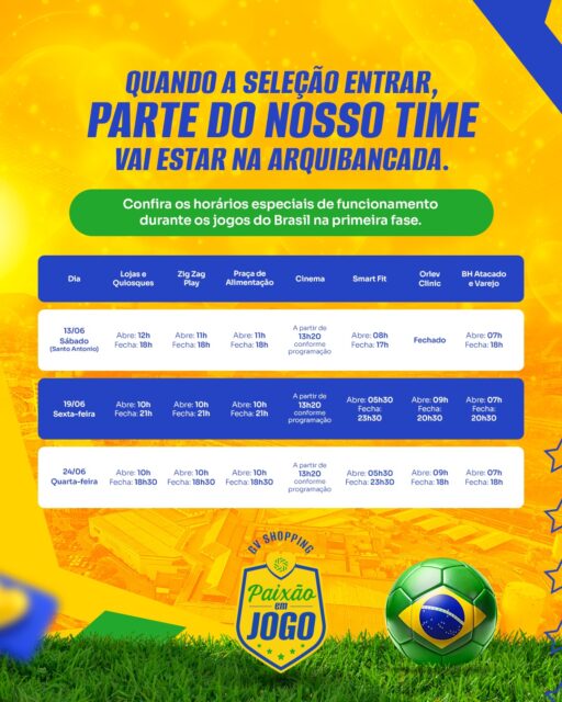 Quando a bola rolar, a nossa torcida já tem encontro marcado.Confira os horários especiais e aproveite cada momento dessa paixão que move o país.GV Shopping — Sentir, torcer, amar.#GVShopping #Copa2026 #Brasil #GovernadorValadares #PaixãoEmJogo