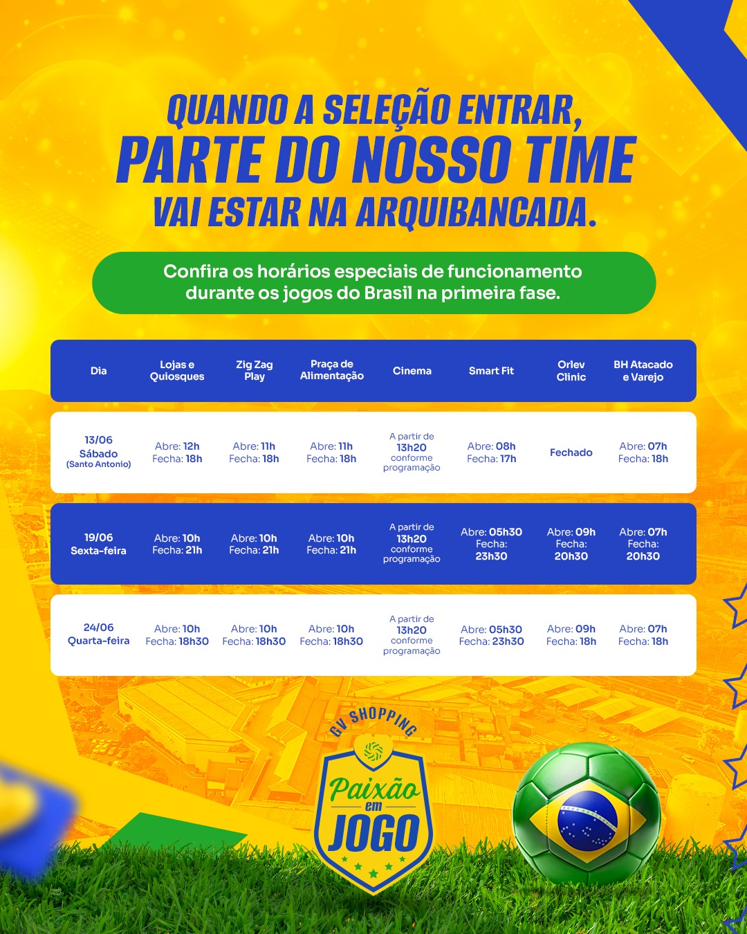 Quando a bola rolar, a nossa torcida já tem encontro marcado.Confira os horários especiais e aproveite cada momento dessa paixão que move o país.GV Shopping — Sentir, torcer, amar.#GVShopping #Copa2026 #Brasil #GovernadorValadares #PaixãoEmJogo