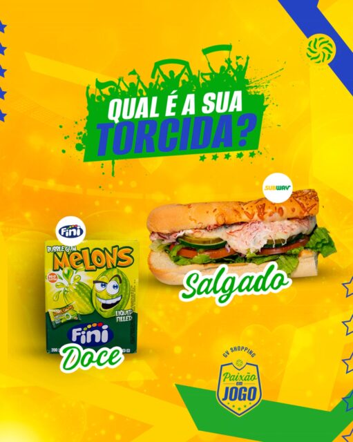 Na hora do jogo, tem quem prefira um docinho… e quem não abre mão de um salgado 🟢🟡Com @finigvshopping , a torcida fica ainda mais divertida. Com @subwaybrasil, o sabor acompanha cada lance.No GV Shopping, todo tipo de torcida tem seu lugar 💛#GVShopping #PaixãoEmJogo #DiaDosNamorados #Sabores #Torcida