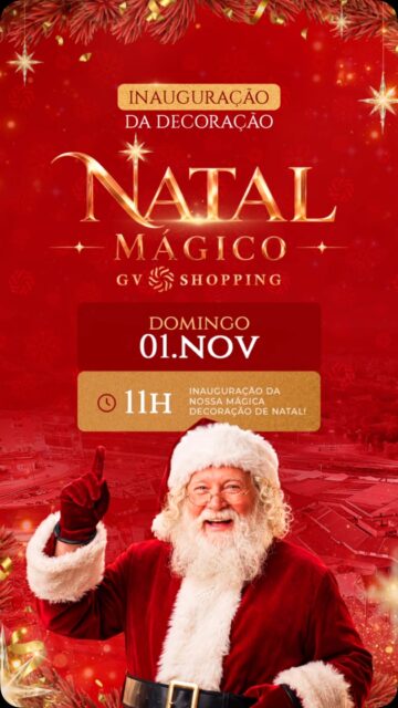 O momento mais mágico do ano está chegando ao GV Shopping! ✨🎄Prepare-se para viver momentos especiais, compartilhar sorrisos e criar novas memórias com quem você ama! 💛🎄 Inauguração da Decoração de Natal 2026📅 Domingo, 01/11⏰ 11h – Inauguração da nossa encantadora Decoração de Natal!🎅 12h – Chegada do Papai Noel com muita música, dança, personagens temáticos e diversão para toda a família!Venha conferir de perto a magia do Natal Mágico GV Shopping, tirar fotos com o Papai Noel e celebrar esse momento com a gente! ❤️#GVShopping #NatalMágico #VivaUmaNovaEnergia #ChegadaDoPapaiNoel #Natal2026