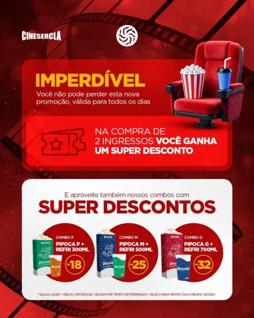 Tem promoção no cinema do GV Shopping! 🍿🎬Uma ótima oportunidade para escolher sua sessão, garantir a pipoca e aproveitar a telona com um valor especial.Reúna a companhia, confira as condições e venha curtir essa experiência. @cinesercla_oficial #GVShopping #CinemaGV #Promoção #Lazer #ExperiênciaGV