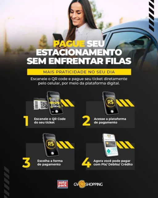 Você já conferiu a novidade do estacionamento do GV Shopping? 👀🚗Agora ficou ainda mais prático! Além do pagamento no débito, você também pode pagar no crédito ou via PIX.Olha como é fácil:📱 Escaneie o QR Code no seu ticket🔗 Acesse a plataforma indicada💳 Escolha a forma de pagamento: PIX, débito ou créditoSem filas, sem complicação e com muito mais agilidade para você aproveitar cada momento no GV Shopping.#GVShopping #NovidadeGV #FacilidadeNoDiaADia #ExperiênciaGV