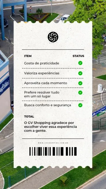 Tem quem venha pela praticidade, quem valorize a experiência, quem aproveite o passeio para resolver tudo em um só lugar e ainda encontre conforto e segurança em cada visita ✨O GV Shopping agradece por fazer parte da sua rotina, das suas escolhas e dos seus momentos 💚#GVShopping #ExperiênciaGV #NossoLugar #MomentosGV #DiaADia