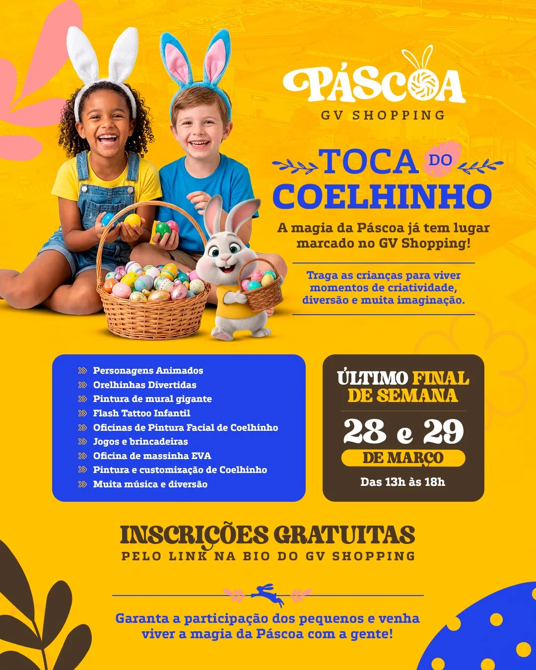 🐰✨ A magia da Páscoa já tem lugar marcado no GV Shopping!A Toca do Coelhinho foi preparada para encantar os pequenos com momentos especiais, muita criatividade e diversão. Um convite para viver a Páscoa de um jeito ainda mais doce.Garanta a participação e inscreva-se! 💚#GVShopping #PáscoaGV #TocaDoCoelhinho #PáscoaNoShopping #MomentosGV #DiversãoGV
