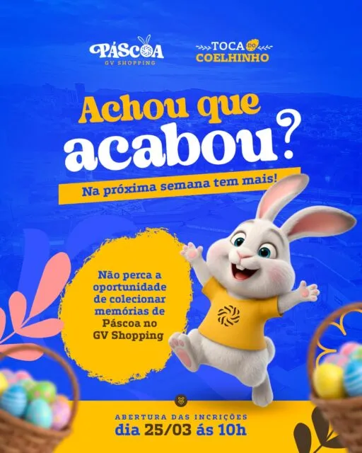 Achou que tinha acabado? Ainda não… 👀Nos dias 28 e 29 de março, a programação de Páscoa continua com mais momentos especiais para a criançada. 🐰✨⏰ Das 13h às 18h📍 Lojas 187 e 188, próximas à Praça de Alimentação🎟️ Inscrições: quarta-feira (25/03), a partir das 10h. Link na bio (Sympla).Atividades para crianças de 4 a 10 anos, com oficinas criativas e experiências cheias de diversão.Garanta a participação e venha viver mais um fim de semana em que a Páscoa vira memória. 💛No GV Shopping, cada momento é feito para ficar na memória.#GVShopping #PáscoaGVShopping #SeuDiaDoSeuJeito #ExperiênciaGV #VivaOGV