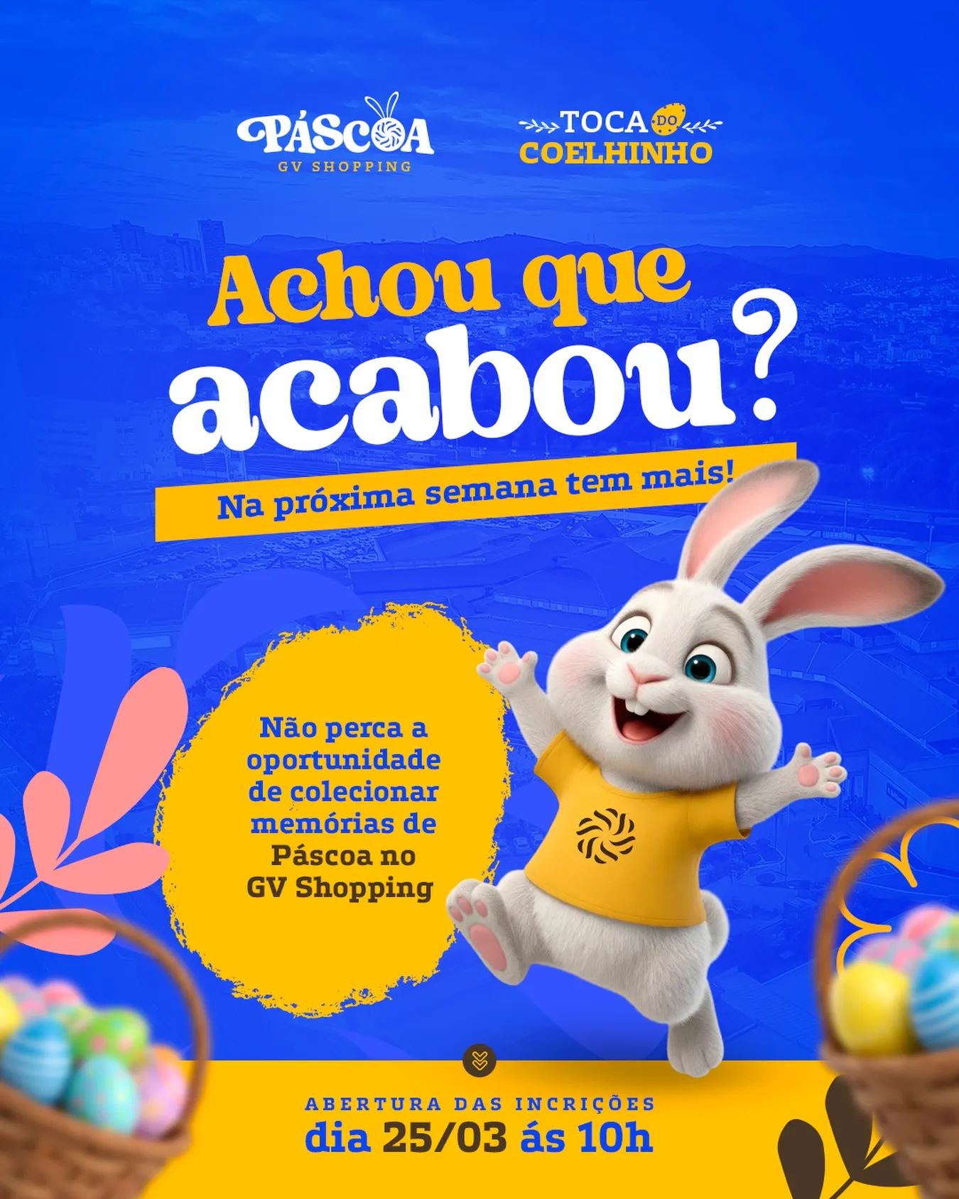 Achou que tinha acabado? Ainda não… 👀Nos dias 28 e 29 de março, a programação de Páscoa continua com mais momentos especiais para a criançada. 🐰✨⏰ Das 13h às 18h📍 Lojas 187 e 188, próximas à Praça de Alimentação🎟️ Inscrições: quarta-feira (25/03), a partir das 10h. Link na bio (Sympla).Atividades para crianças de 4 a 10 anos, com oficinas criativas e experiências cheias de diversão.Garanta a participação e venha viver mais um fim de semana em que a Páscoa vira memória. 💛No GV Shopping, cada momento é feito para ficar na memória.#GVShopping #PáscoaGVShopping #SeuDiaDoSeuJeito #ExperiênciaGV #VivaOGV