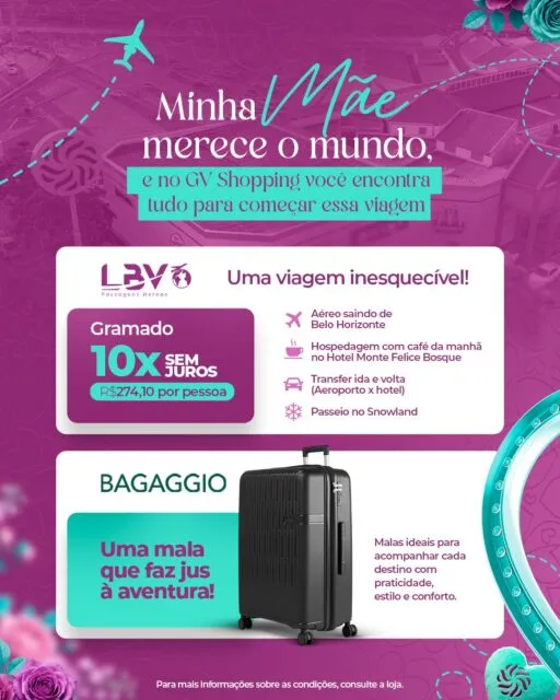 Porque mãe merece viver momentos inesquecíveis ✈️No GV Shopping, você encontra opções que ajudam a transformar sonhos em viagem com @bagaggio e @lbvviagens.Uma ideia de presente que pode levar ela ainda mais longe.Dia das Mães GV Shopping.  Amor sempre presente.#GVShopping #DiaDasMães #Experiência #VivaOGV