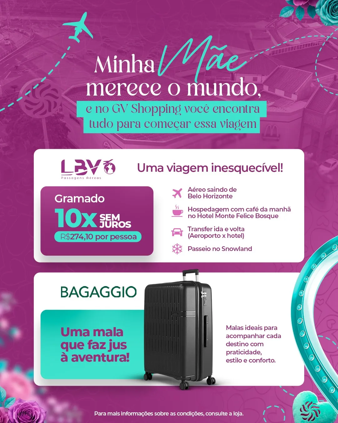 Porque mãe merece viver momentos inesquecíveis ✈️No GV Shopping, você encontra opções que ajudam a transformar sonhos em viagem com @bagaggio e @lbvviagens.Uma ideia de presente que pode levar ela ainda mais longe.Dia das Mães GV Shopping.  Amor sempre presente.#GVShopping #DiaDasMães #Experiência #VivaOGV