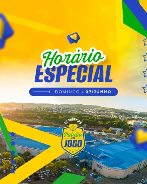 Neste domingo, teremos um horário especial para você aproveitar mais tempo ao lado de quem ama. ❤️✨Venha viver momentos especiais, passear, escolher o presente ideal e celebrar o Dia dos Namorados no GV Shopping. 💕GV Shopping – Amor sempre presente!#GVShopping #DiaDosNamorados #GovernadorValadares #HorárioEspecial #ShoppingCenter