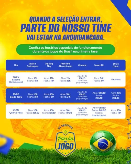 Quando a bola rolar, a nossa torcida já tem encontro marcado.Confira os horários especiais e aproveite cada momento dessa paixão que move o país.GV Shopping — Sentir, torcer, amar.#GVShopping #Copa2026 #Brasil #GovernadorValadares #PaixãoEmJogo