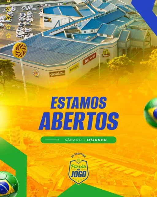 Hoje, feriado de Santo Antônio e dia de jogo do Brasil, o GV Shopping terá horário especial de funcionamento. Aproveite para antecipar suas compras, resolver o que precisa e aproveitar o melhor do nosso mix de lojas, serviços e gastronomia antes da partida da Seleção. 📍 Confira os horários de funcionamento e programe sua visita. Enquanto a bola rola, estaremos na torcida pelo Brasil junto com você! 💚💛🇧🇷 GV Shopping – Onde a emoção entra em campo. #GVShopping #VaiBrasil #FeriadoDeSantoAntônio #HorárioEspecial #Compras #GovernadorValadares