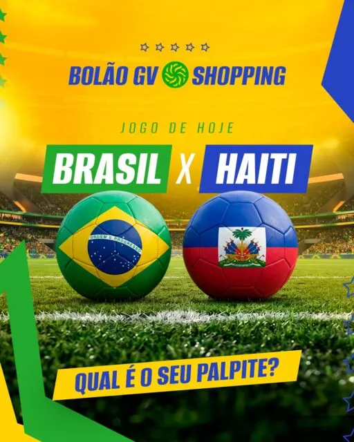 ⚽ Qual é o seu palpite para o jogo de hoje?🇧🇷 Brasil x Haiti 🇭🇹Antes de torcer, passe no GV Shopping para garantir tudo o que você precisa para curtir a partida: looks, acessórios, presentes e muito mais. 🛍️Agora conta pra gente: qual vai ser o placar? 👀#GVShopping #BolãoGVShopping #DiaDeJogo #Palpite #GVShoppingGV