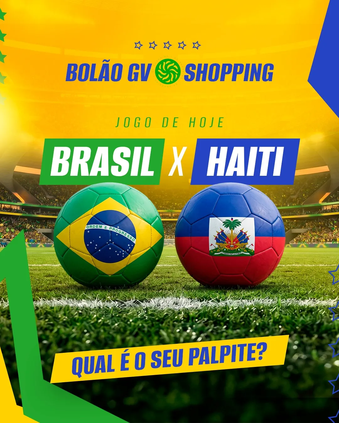 ⚽ Qual é o seu palpite para o jogo de hoje?🇧🇷 Brasil x Haiti 🇭🇹Antes de torcer, passe no GV Shopping para garantir tudo o que você precisa para curtir a partida: looks, acessórios, presentes e muito mais. 🛍️Agora conta pra gente: qual vai ser o placar? 👀#GVShopping #BolãoGVShopping #DiaDeJogo #Palpite #GVShoppingGV