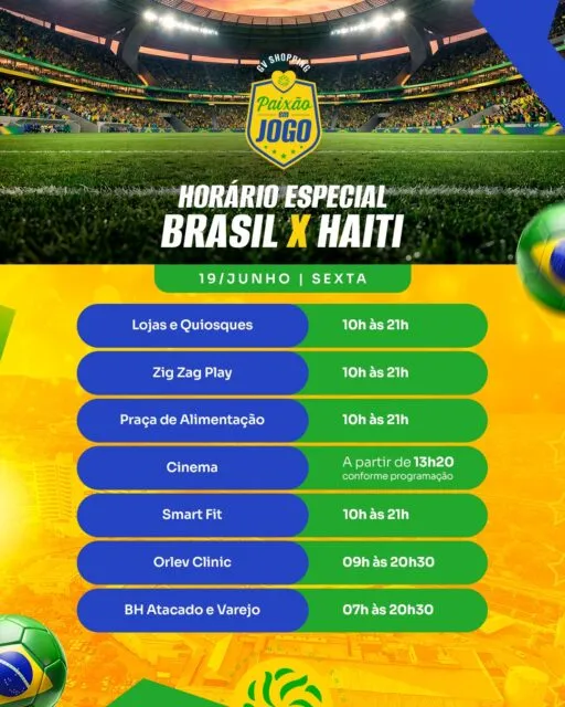 ⚽❤️ A emoção já tem data para entrar em campo!Amanhã, dia 19, o GV Shopping terá horário especial de funcionamento. Por isso, programe-se, antecipe suas compras e aproveite tudo o que nossas lojas, serviços e opções de gastronomia têm a oferecer antes da bola rolar.📍 Confira os horários e organize sua visita.GV Shopping – Onde a emoção entra em campo.