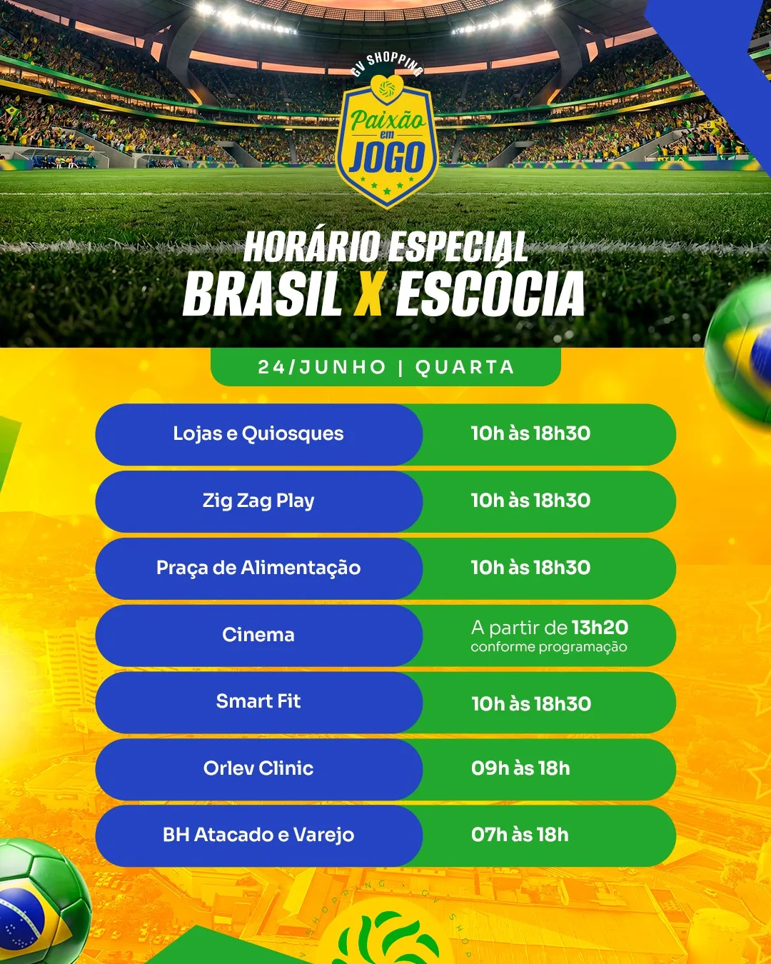 ⚽🛍️ Contagem regressiva para mais um grande jogo do Brasil!No dia 24, o GV Shopping terá horário especial de funcionamento. Aproveite para antecipar suas compras, resolver o que precisa e garantir tudo para curtir a partida com tranquilidade.📍 Confira os horários e programe sua visita.Enquanto a Seleção entra em campo, estaremos na torcida junto com você! 🇧🇷💚💛GV Shopping – Onde a emoção entra em campo.#GVShopping #VaiBrasil #HorárioEspecial #Compras #GovernadorValadares #ShoppingCenter