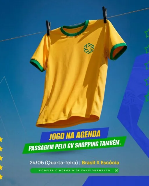 Chegou o grande dia!⚽❤️ Hoje é dia de reunir a torcida, acompanhar cada lance e viver toda a emoção que só o futebol proporciona.Confira nosso horário especial, aproveite tudo o que o GV Shopping tem a oferecer e entre no clima dessa paixão que movimenta milhões de brasileiros.GV Shopping, Onde a emoção entra em campo.#GVShopping #PaixãoEmJogo #Futebol #GovernadorValadares #ShoppingCenter