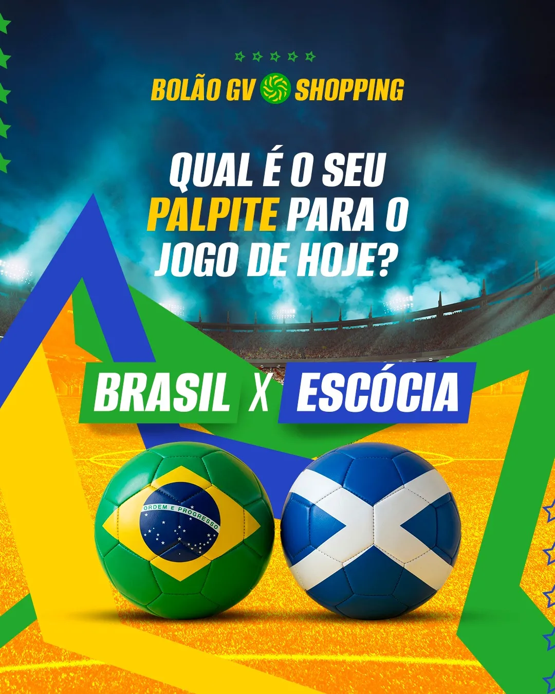 Qual é o seu palpite para o jogo de hoje?Brasil x EscóciaAntes de torcer, passe no GV Shopping para garantir tudo o que você precisa para curtir a partida: looks, acessórios, presentes e muito mais. 🛍️Agora conta pra gente: qual vai ser o placar? 👀#GVShopping #BolãoGVShopping #DiaDeJogo #Palpite #GVShoppingGV