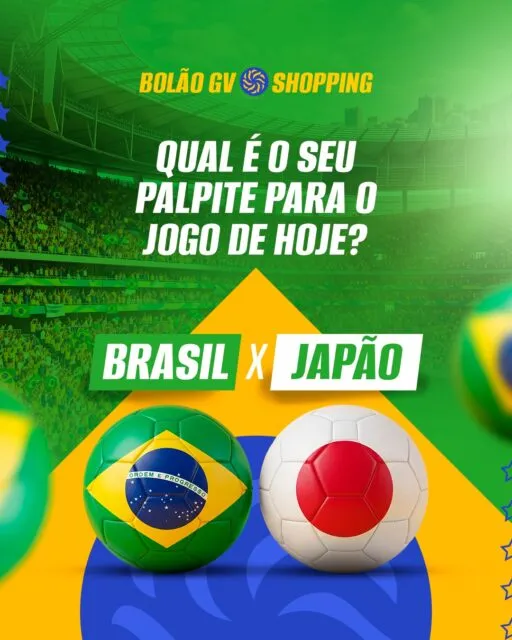 Qual é o seu palpite para o jogo de hoje?Brasil x JapãoAntes de torcer, passe no GV Shopping para garantir tudo o que você precisa para curtir a partida: looks, acessórios, presentes e muito mais. 🛍️Agora conta pra gente: qual vai ser o placar? 👀#GVShopping #BolãoGVShopping #DiaDeJogo #Palpite #GVShoppingGV