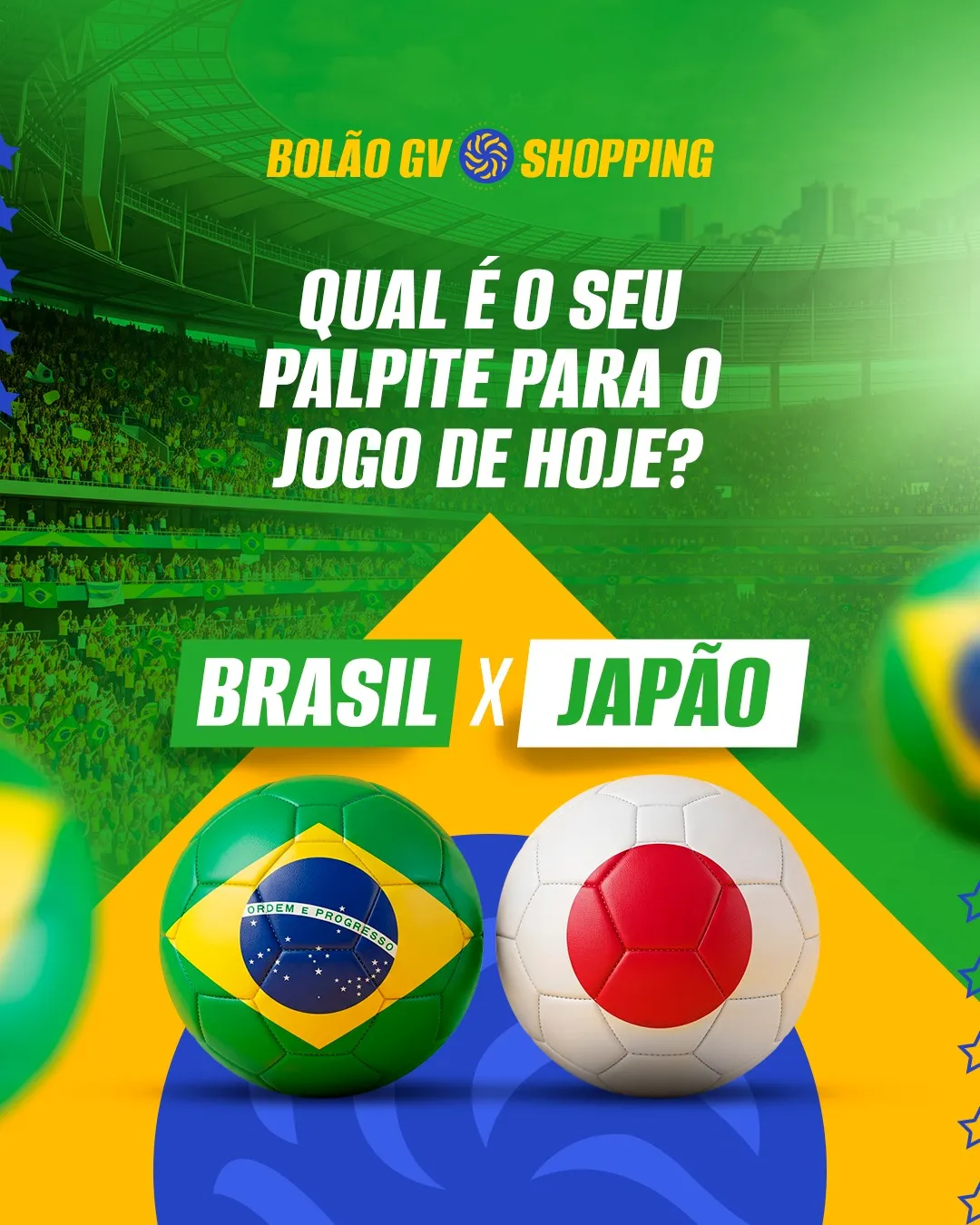 Qual é o seu palpite para o jogo de hoje?Brasil x JapãoAntes de torcer, passe no GV Shopping para garantir tudo o que você precisa para curtir a partida: looks, acessórios, presentes e muito mais. 🛍️Agora conta pra gente: qual vai ser o placar? 👀#GVShopping #BolãoGVShopping #DiaDeJogo #Palpite #GVShoppingGV