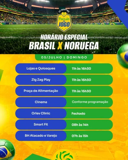 A emoção da Copa continua, e o melhor momento para as suas compras também! ⚽💙Confira nossos horários de funcionamento e planeje sua visita ao GV Shopping. Aproveite para passear, encontrar as novidades das lojas e resolver tudo o que precisa em um só lugar.Esperamos você para viver essa experiência no GV Shopping!#GVShopping #Compras #Shopping #Copa #Valadares