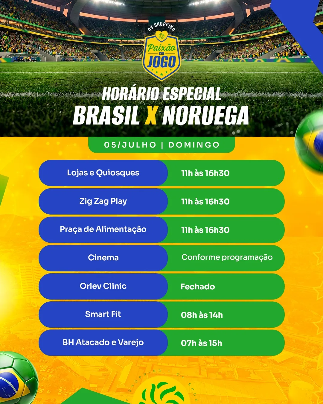 A emoção da Copa continua, e o melhor momento para as suas compras também! ⚽💙Confira nossos horários de funcionamento e planeje sua visita ao GV Shopping. Aproveite para passear, encontrar as novidades das lojas e resolver tudo o que precisa em um só lugar.Esperamos você para viver essa experiência no GV Shopping!#GVShopping #Compras #Shopping #Copa #Valadares