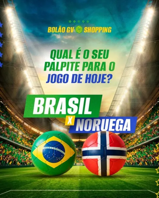 Qual é o seu palpite para o jogo de hoje?Brasil x NoruegaAntes de torcer, passe no GV Shopping para garantir tudo o que você precisa para curtir a partida: looks, acessórios, presentes e muito mais. 🛍️Agora conta pra gente: qual vai ser o placar? 👀#GVShopping #BolãoGVShopping #DiaDeJogo #Palpite #GVShoppingGV