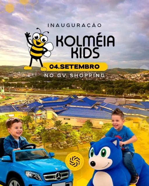 Tem novidade chegando para deixar o passeio no GV Shopping ainda mais divertido! 🐝💛A Kolméia Kids inaugura no dia 04/09, trazendo carrinhos elétricos, bichinhos motorizados e dinossauros de borracha para a criançada viver momentos de muita alegria e diversão.Além das atrações, o espaço também contará com pelúcias e balões personalizados. ✨📍 Próximo à Portaria 2.Prepare os pequenos para essa nova aventura e venha conhecer!GV Shopping. Viva tudo aqui!