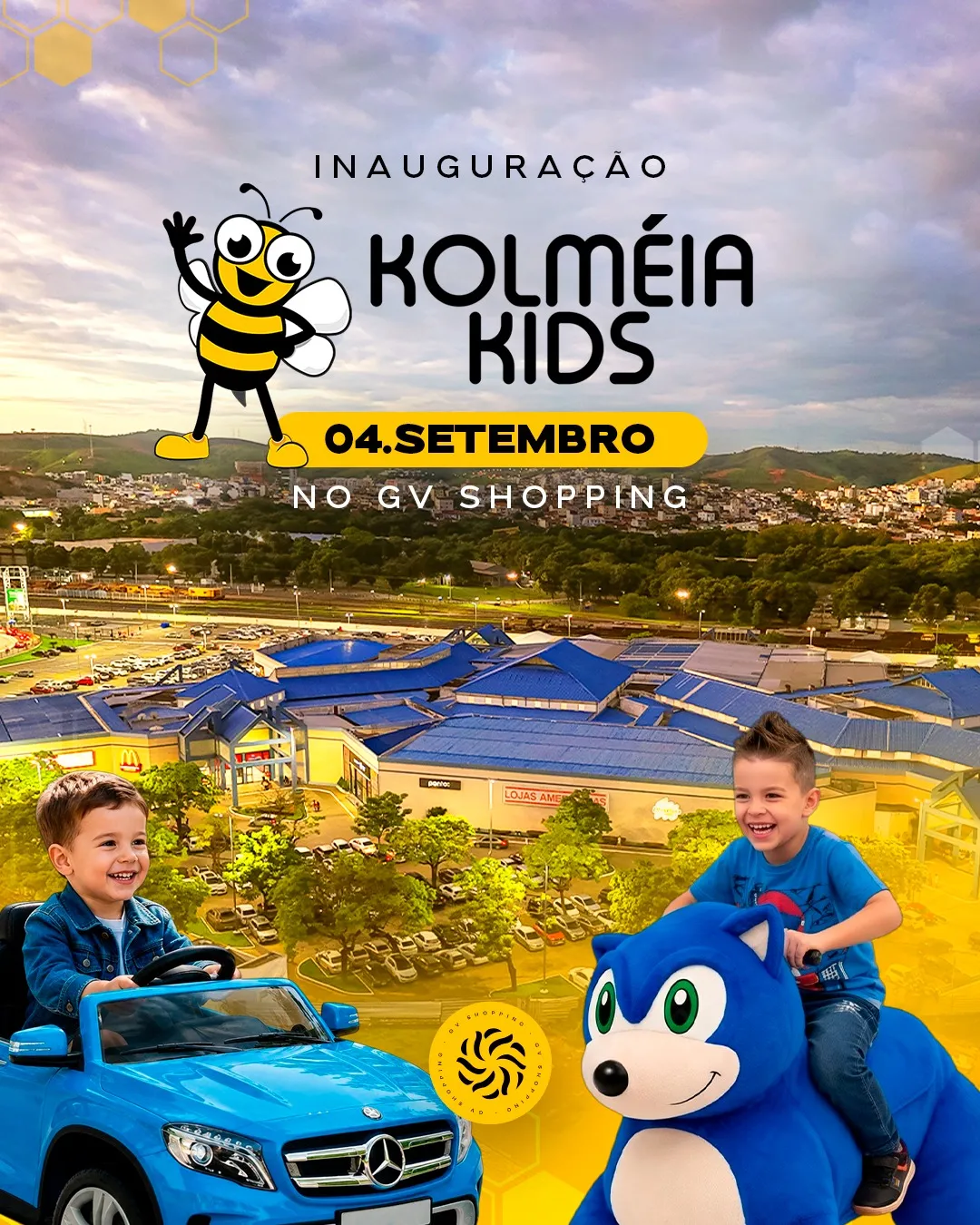 Tem novidade chegando para deixar o passeio no GV Shopping ainda mais divertido! 🐝💛A Kolméia Kids inaugura no dia 04/09, trazendo carrinhos elétricos, bichinhos motorizados e dinossauros de borracha para a criançada viver momentos de muita alegria e diversão.Além das atrações, o espaço também contará com pelúcias e balões personalizados. ✨📍 Próximo à Portaria 2.Prepare os pequenos para essa nova aventura e venha conhecer!GV Shopping. Viva tudo aqui!