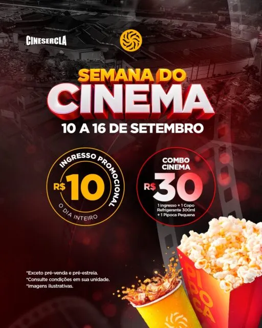 🎬 A Semana do Cinema chegou ao Cinesercla do GV Shopping!De 10 a 16 de setembro, aproveite:🎟️ Ingressos promocionais por apenas R$ 10 durante todo o dia;🍿 Combo Cinema por R$ 30, com 1 ingresso, 1 pipoca pequena e 1 refrigerante de 300 ml.Escolha o seu filme, reúna a família e os amigos e venha curtir essa promoção! ❤️Consulte a programação e garanta seu ingresso pelo site do cinema..*Promoção não válida para pré-vendas e pré-estreias. Consulte as demais condições diretamente na unidade.#SemanaDoCinema #CineserclaGVShopping #GVShopping #Cinema