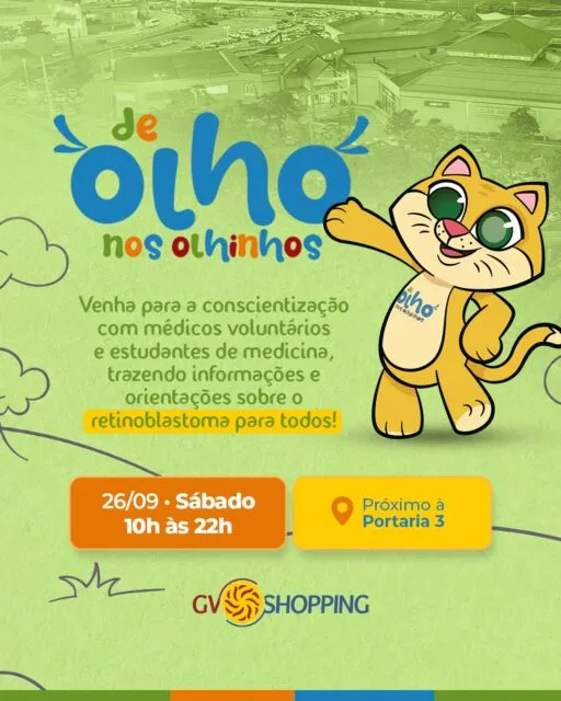 Informação também é cuidado.No sábado, 26/09, o GV Shopping recebe a 5ª edição da Campanha Nacional De Olho nos Olhinhos, idealizada pelos jornalistas @garbindaiana  e Tiago Leifert. A iniciativa conscientiza sobre o retinoblastoma, um tipo raro de câncer ocular que afeta principalmente crianças de até 5 anos.A ação contará com médicos voluntários, profissionais da saúde e estudantes de Medicina, levando informação sobre os sinais de alerta e a importância do diagnóstico precoce.Durante todo o dia, o estande oferecerá orientações e cartilhas informativas ao público.26/09, sábado10h às 22h📍 Próximo à Portaria 3Saiba mais: deolhonosolhinhos.org#DeOlhoNosOlhinhos #GVShopping #Retinoblastoma #SaúdeInfantil