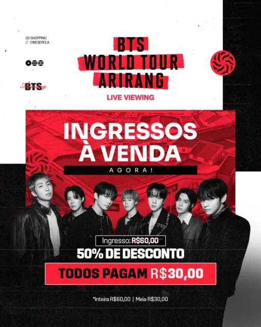 O BTS está chegando às telonas do Cinesercla no GV Shopping! Os shows do grupo serão exibidos no cinema, e a pré-venda já está liberada. 🎬✨Garanta seu ingresso e prepare-se para viver essa experiência nas telonas!📍 Cinesercla | GV Shopping#GVShopping #Cinesercla #BTS #PréVenda #PartiuGVShopping
