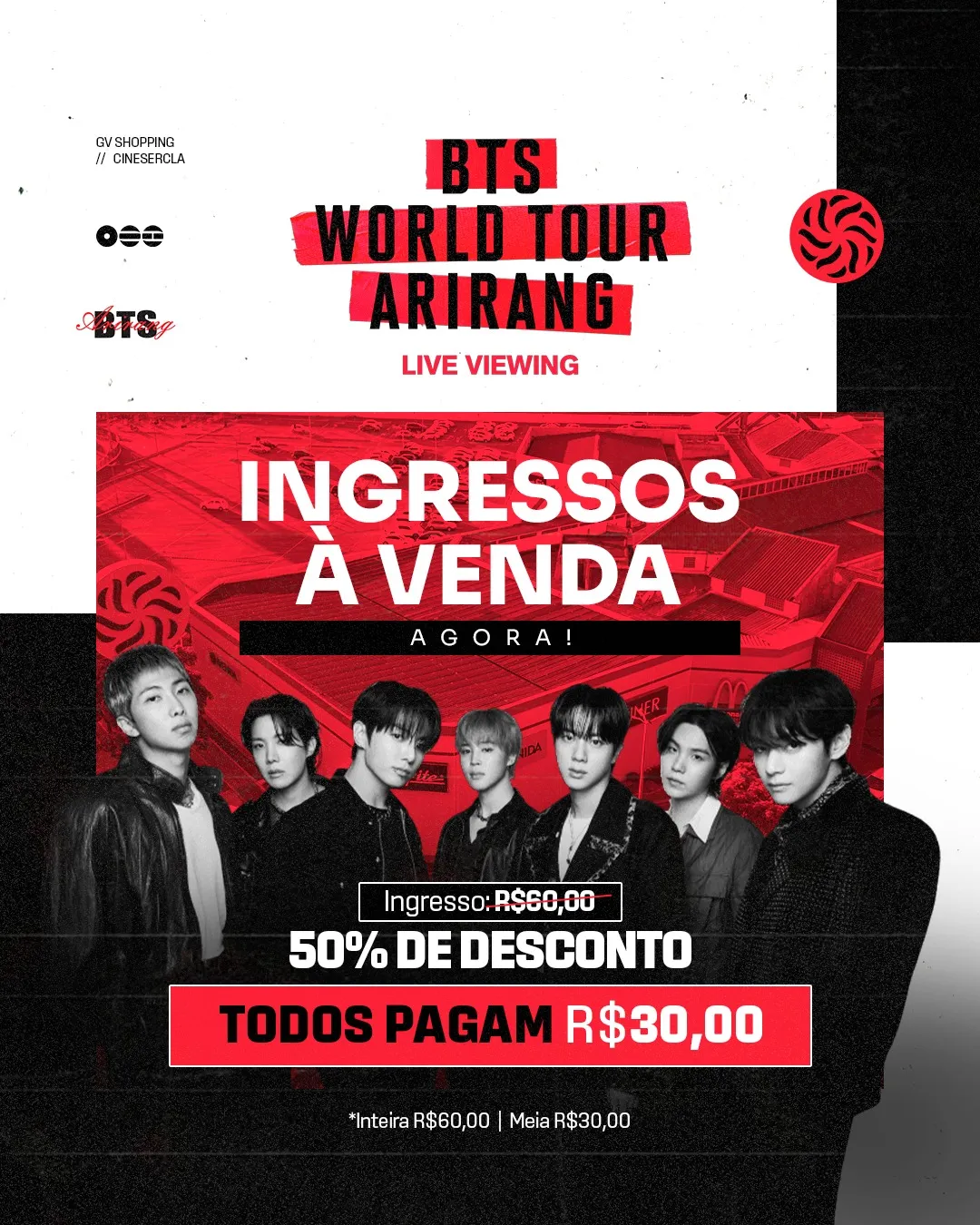 O BTS está chegando às telonas do Cinesercla no GV Shopping! Os shows do grupo serão exibidos no cinema, e a pré-venda já está liberada. 🎬✨Garanta seu ingresso e prepare-se para viver essa experiência nas telonas!📍 Cinesercla | GV Shopping#GVShopping #Cinesercla #BTS #PréVenda #PartiuGVShopping
